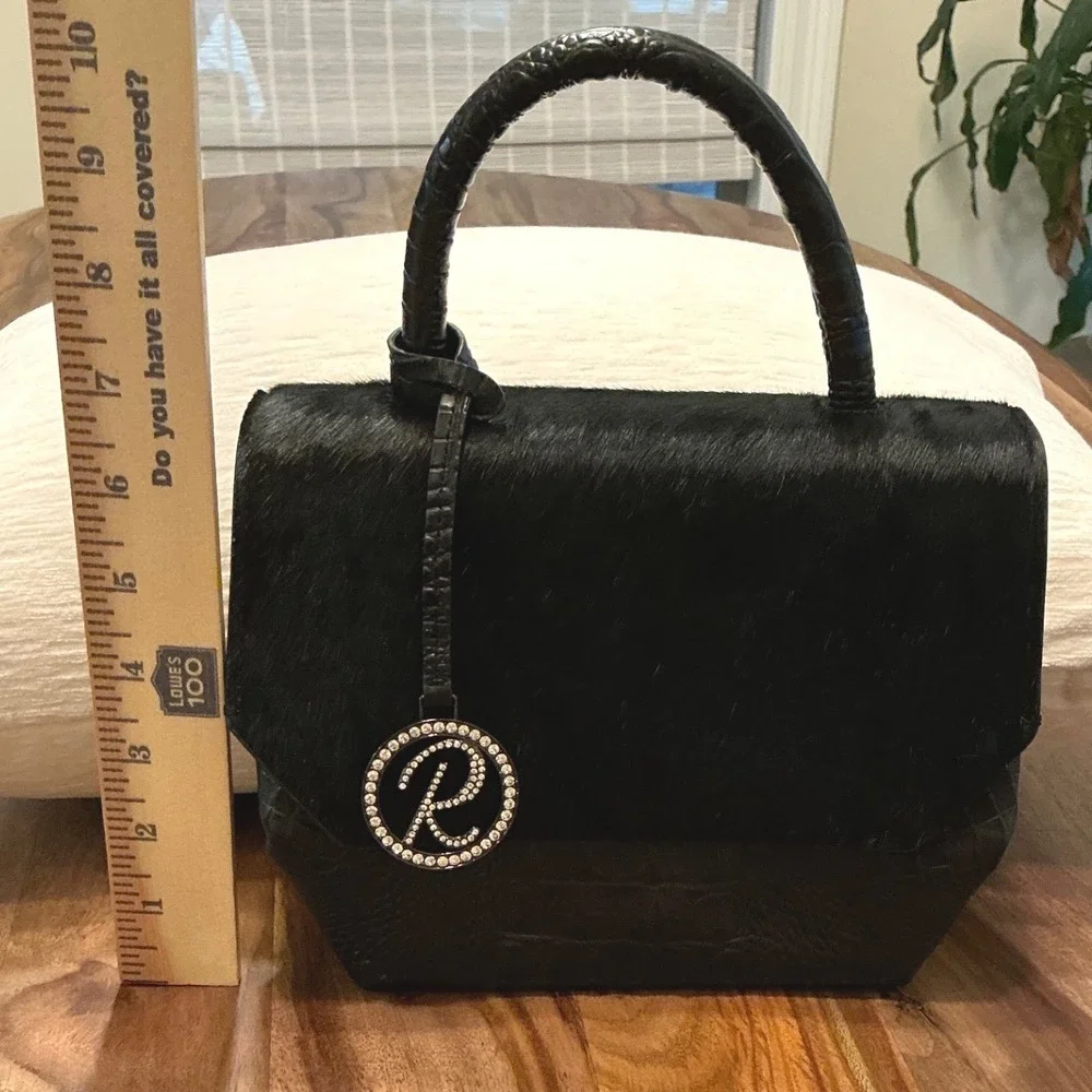 Raviani Designer‎ Top Handle Bag Black Furry Leather Alligator Embossed Purse